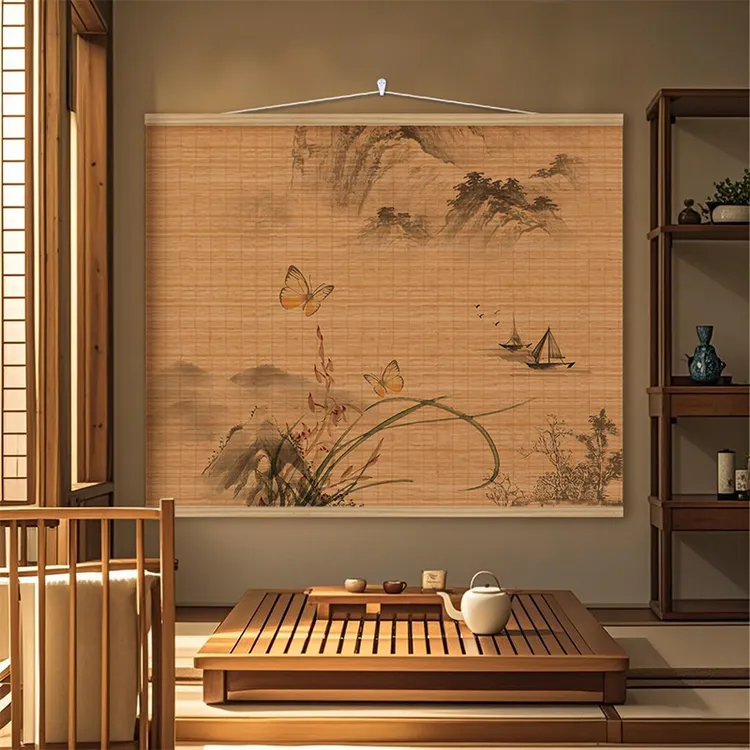 新中式禅意古风茶室大尺寸竹帘片挂画书房客厅玄关墙壁装饰画定制