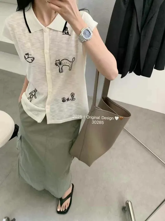 2025新款亚麻翻领针织衫夏季薄款宽松百搭刺绣针织无袖上衣女