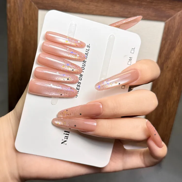 【霓虹枕星加长椭】裸色纯手工穿戴甲中长款显白高级可拆卸美甲甲片