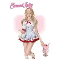 少女椰子【甜品系】樱桃丸子 蓝色格纹连衣裙送别针+白色泡泡短裤