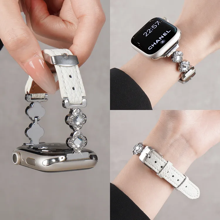 适用苹果applewatchS11镶钻荔枝纹真皮手表带iwatchS10智能女腕带