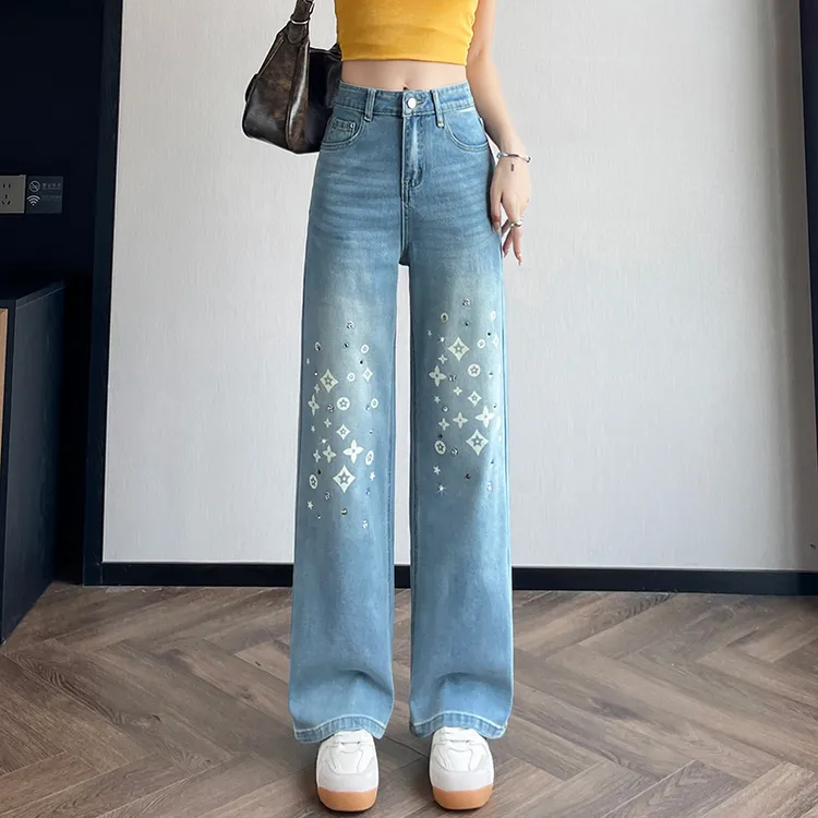 烫钻印花牛仔裤女2025秋季新款潮牌闪钻直筒阔腿弹力窄版烟管长裤