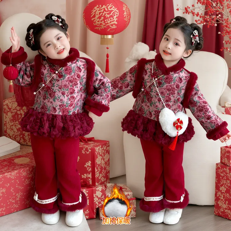 拜年服宝宝夹棉汉服套装冬季中国风女童唐装套装古装新中式表演服