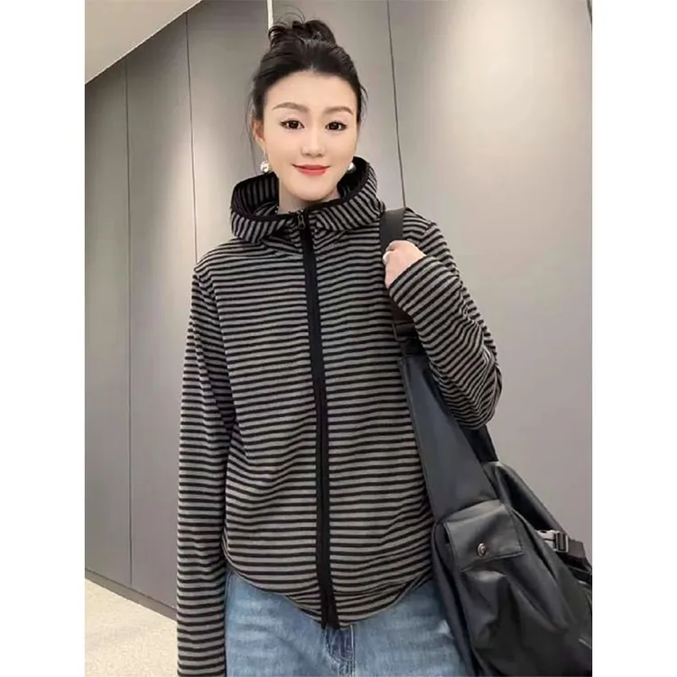 欧货时尚个性条纹连帽外套女2025秋季新款韩版宽松休闲百搭卫衣潮