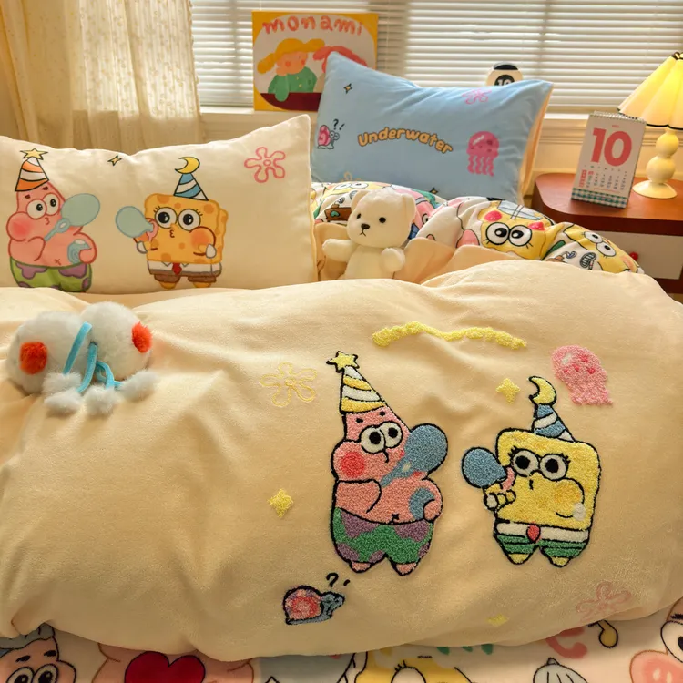可爱海绵宝宝冬季牛奶绒床上四件套卡通加厚双面绒被套床单三件套