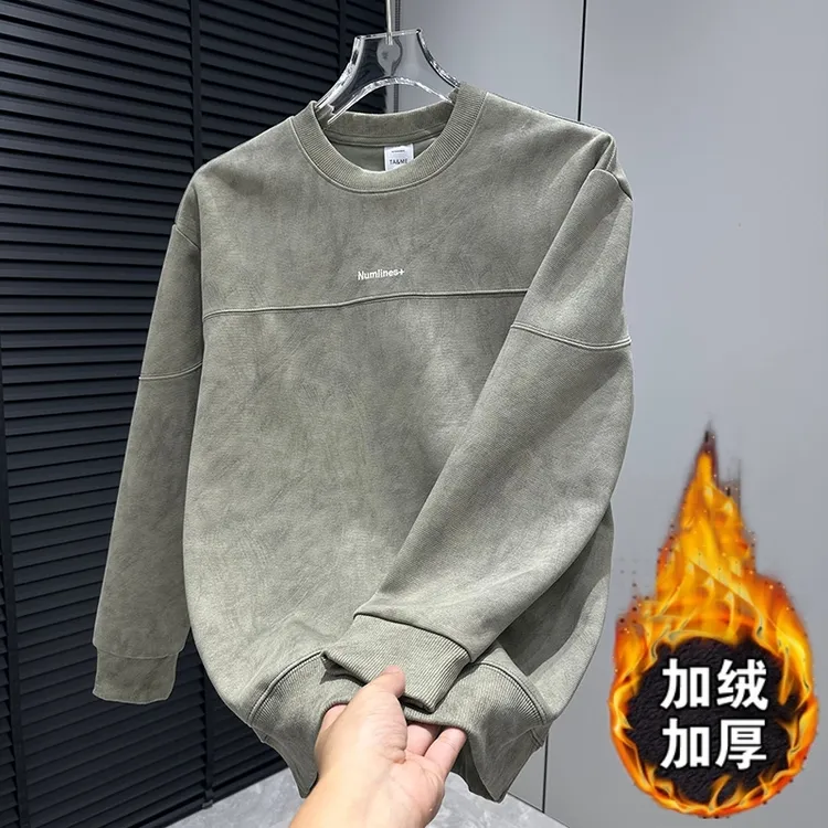 扎染刺绣卫衣男秋冬季加绒新款痞帅圆领休闲百搭长袖内搭黑色上衣