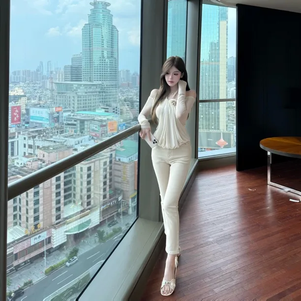 FAY【奶茶裤】韩系早秋新款裤显瘦奶茶色弹力九分气质直筒女牛仔裤