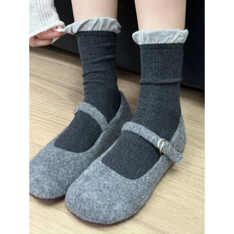 甜系4色·miu风拼色暗纹爱心堆堆袜泡泡口甜美日系撞色复古中筒袜