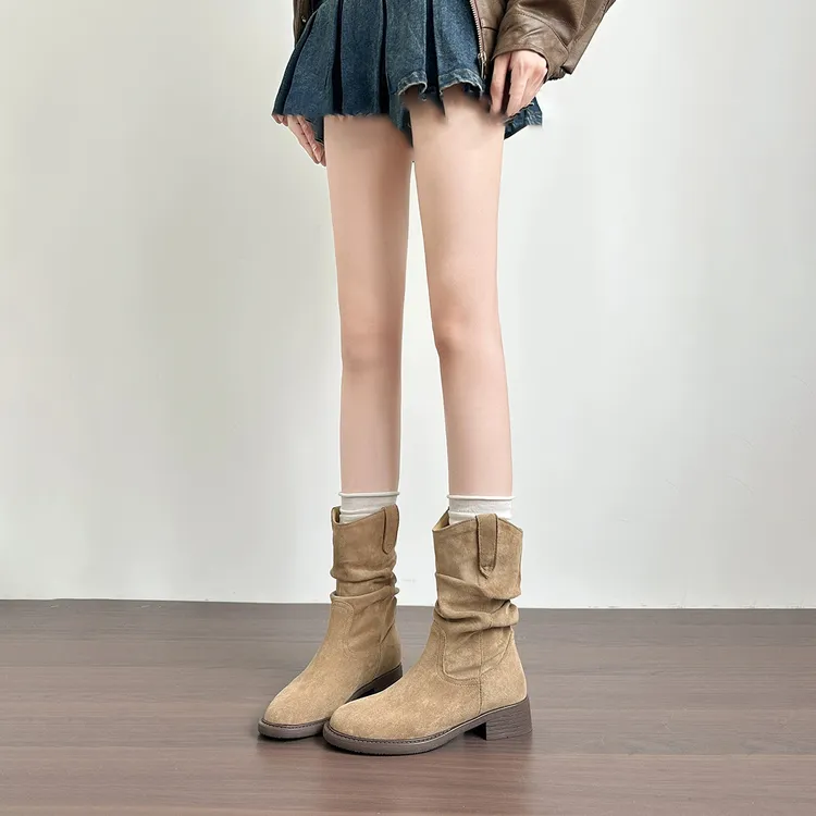 美拉德复古短靴女2025秋冬新款内增高马丁靴粗跟堆堆靴西部牛仔靴