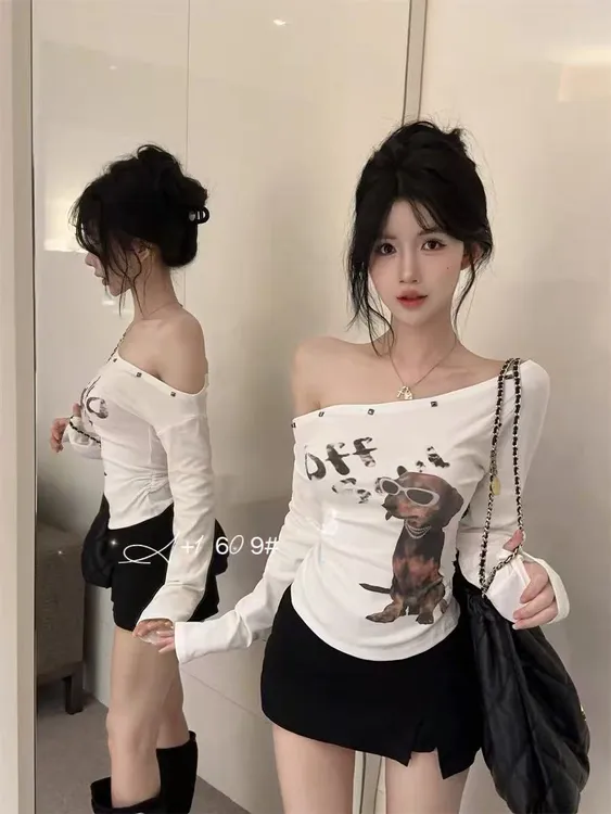 短袖美拉德风抗起球印花动物T恤短款褶皱辣妹修身