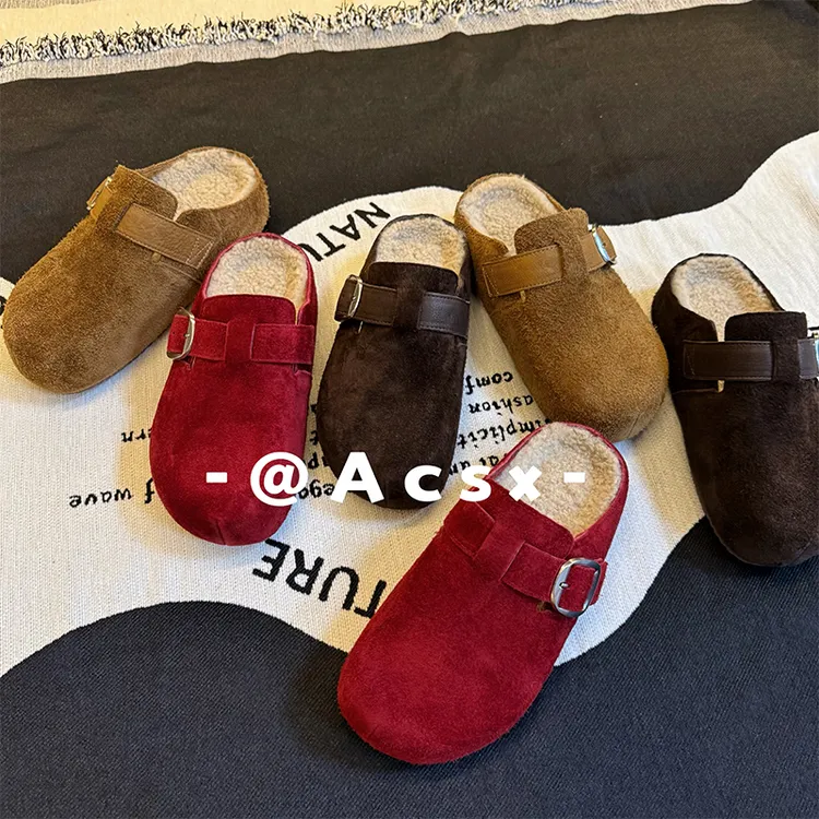 【阿茶】加绒版本~头层牛皮/跟高5CM /秋冬新款厚底增高博肯拖鞋女
