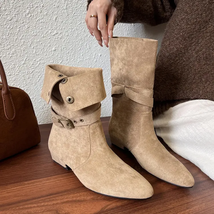 法式小裸靴子女秋冬季2025新款洋气小短靴堆堆靴西部靴中筒靴单靴