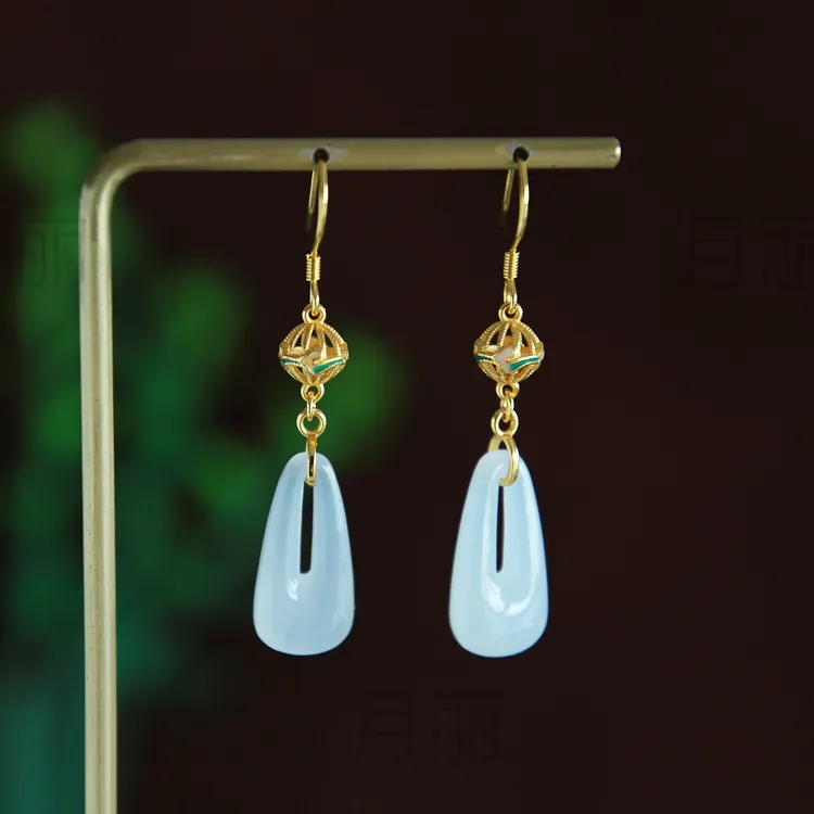 时尚长款气质羊脂玉耳坠 925纯银防过敏 原创设计中式国风耳环