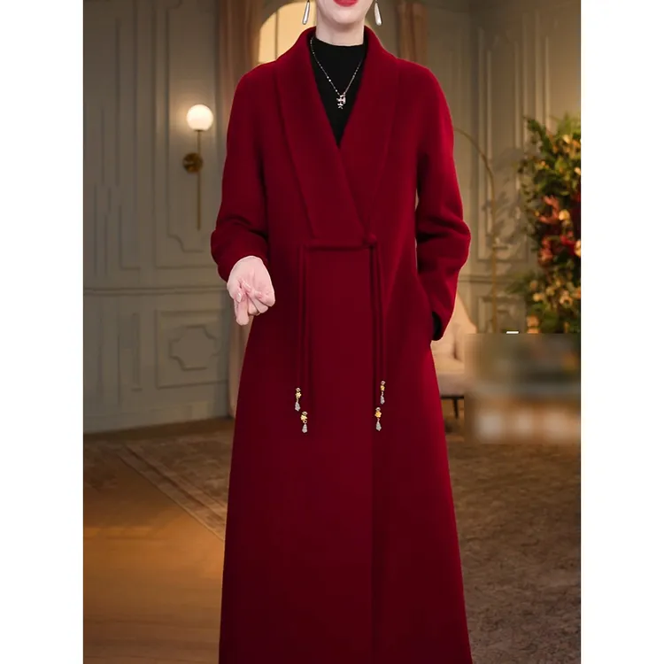 高档端庄大衣红色中长款毛呢外套女2025冬季新款时尚V领保暖大衣