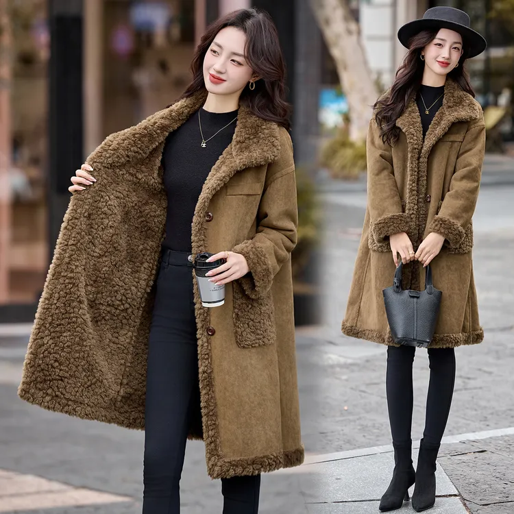 休闲风长款厚款插肩袖皮毛一体毛呢外套2025秋冬新款中长款保暖女