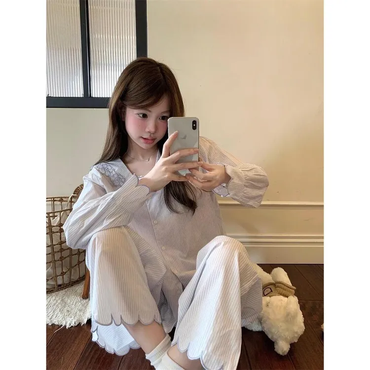 甜美可爱印花简约花边睡衣女春秋季新款长袖长裤家居服套装可外穿