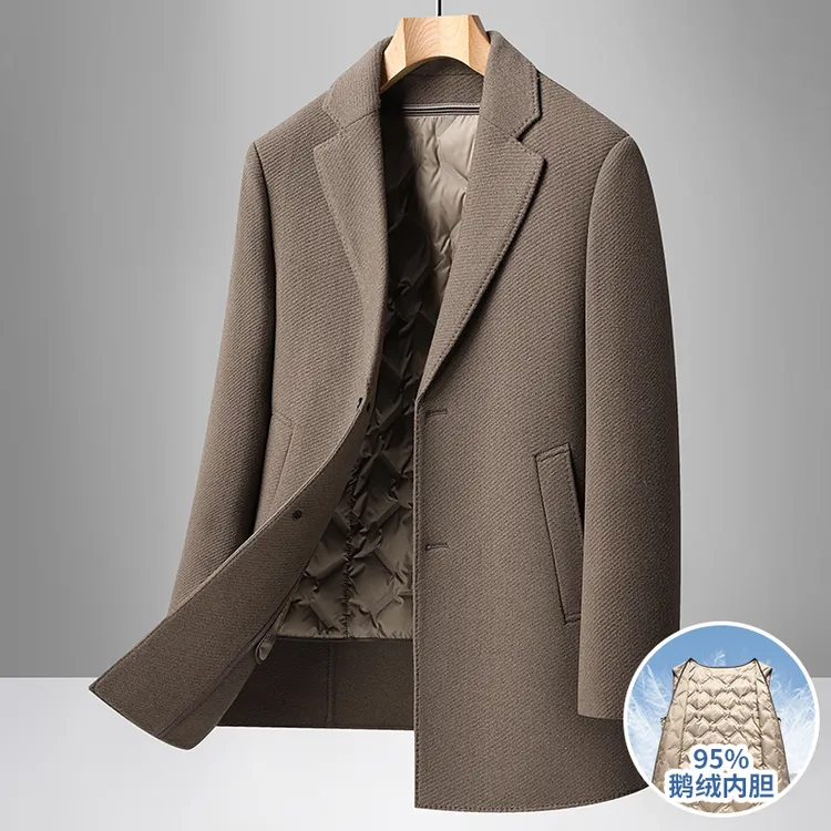 冬季新款男鹅绒拆卸内胆双面呢羊毛呢大衣男士中长款西装领呢外套
