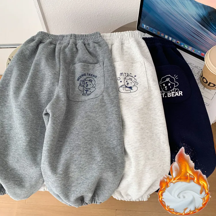 男童加绒裤子2025新款洋气小男孩卡通熊休闲裤儿童柔软束脚运动裤