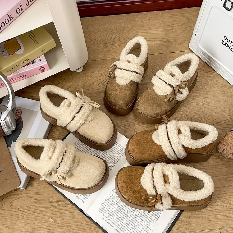 【增高4.5厘米】蝴蝶结厚底勃肯鞋冬季保暖雪地靴复古加绒毛毛棉鞋