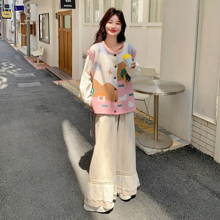 俏皮减龄少女感三件套女2025秋季趣味印花针织马甲衬衫阔腿裤套装