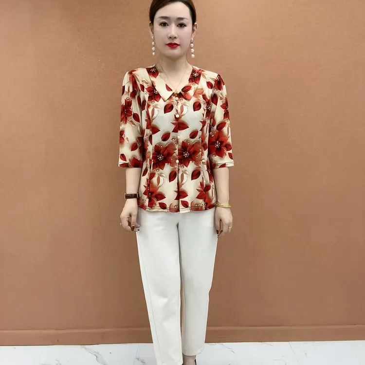 母亲节大码妈妈装夏季短袖印花小衫宽松中老年妈妈时尚减龄上衣女