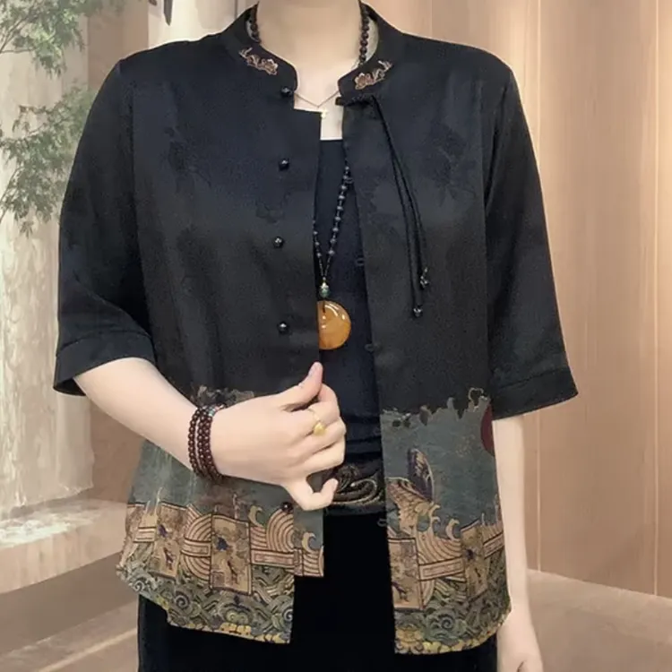 X  刺绣领流苏绳拼色高档41开衫外套新中式风格夏季女士上衣