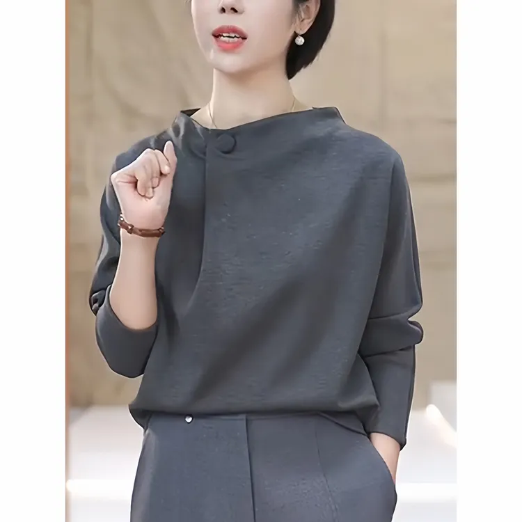 灰色长袖t恤女士2025秋季新款时尚减龄显瘦短款立领内搭打底上衣