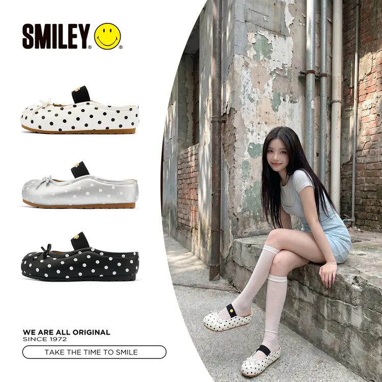 SMILEY笑脸一脚蹬包头一字绑带波点单鞋拖鞋时尚休闲韩系透气半拖