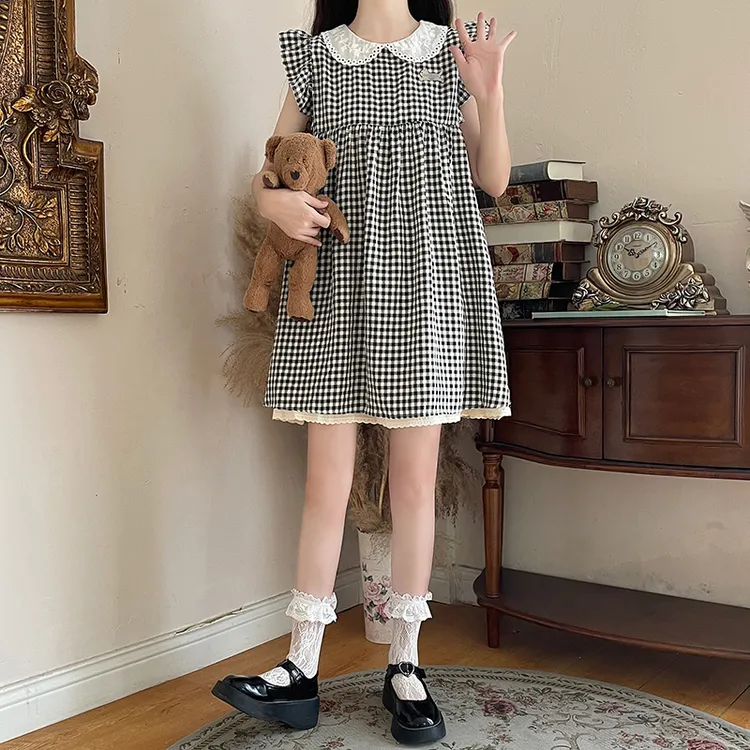 格子飞飞袖无袖短袖系带连衣裙气质泡泡袖裙子复古时尚韩版