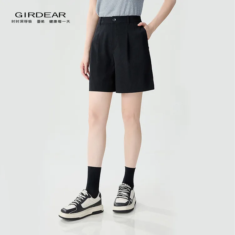 哥弟夏季新款时尚中高腰简约休闲直筒黑色显瘦西装短裤女1100539