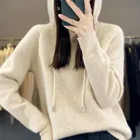 秋冬款菱形连帽针织衫女卫外穿长袖内搭套头纯色帽衫380