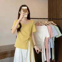 X大码女装不规则绑带别致短袖T恤夏装胖mm显瘦遮肚正肩修身上衣