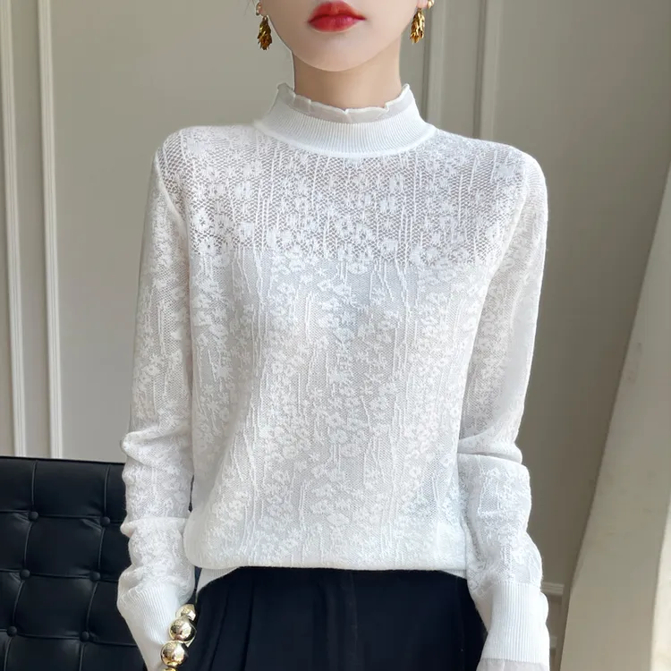 小香风半高领蕾丝打底衫女春秋冬新款高领毛小衫修身显瘦长针织衫