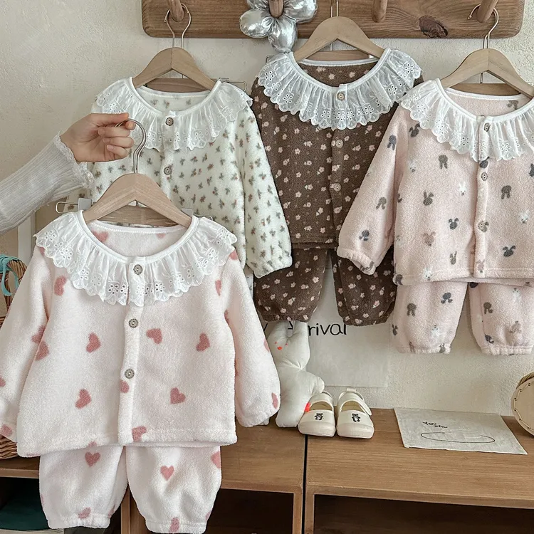 儿童家居服套装女童卡通印花睡衣宝宝甜美花边领开衫两件套