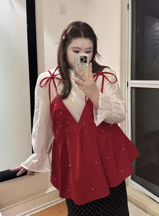 2025时尚显瘦气质法式轻奢钉珠吊带百搭衬衫套装5095