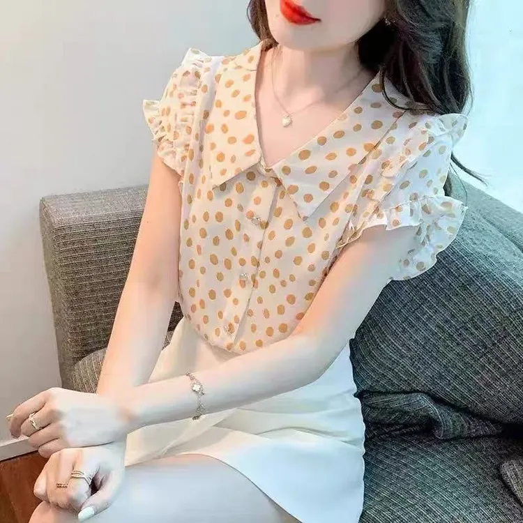 荷叶边衬衫女短袖别致上衣2025夏季新款娃娃领时尚洋气波点上衣