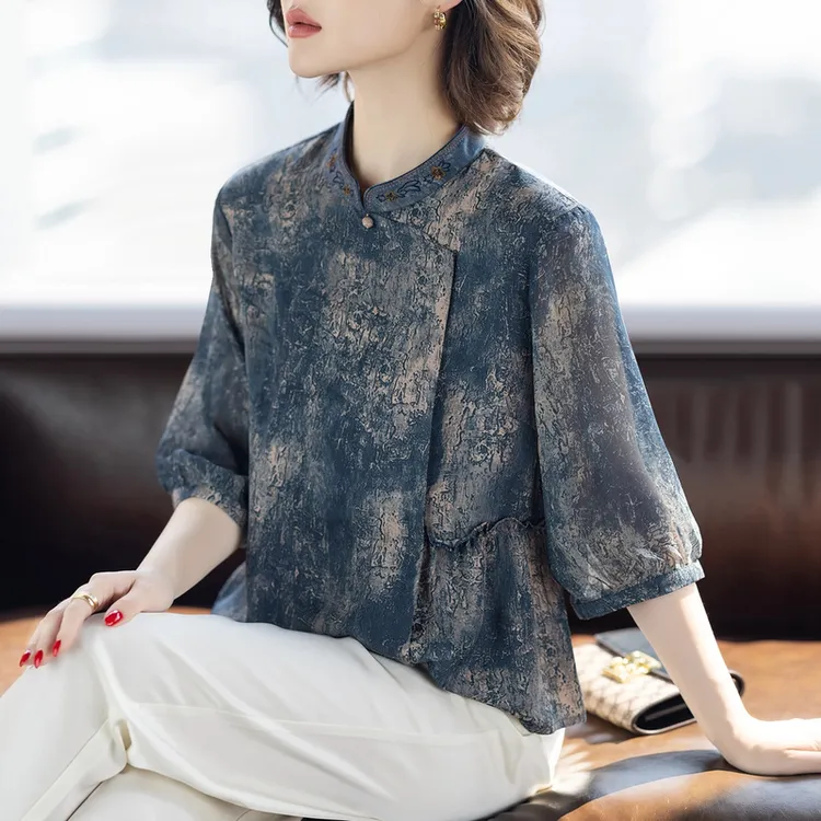 罗蒙妈妈夏装新款t恤端庄大气套装洋气质高贵小衫中老年女士上衣