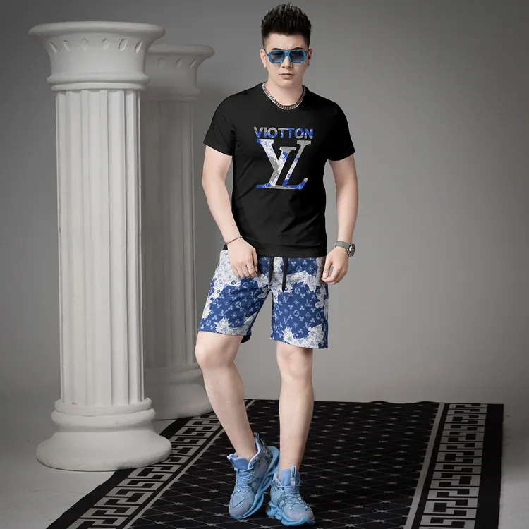 路约威格男士高端印花烫钻短袖休闲套装新款夏季潮牌短裤两件套