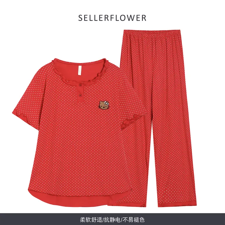 韩版莫代尔棉睡衣女士短袖刺绣小猫波点家居服套装弹力宽松大码