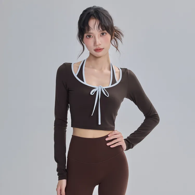 云端贝壳假两件瑜伽服纯欲女拼色显瘦运动上衣健身服长袖T恤秋冬