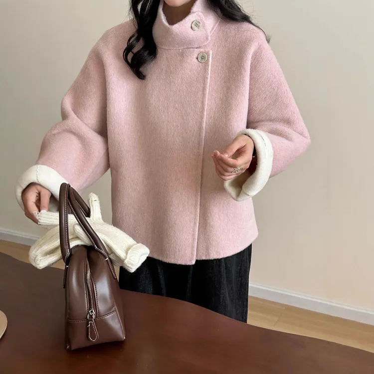 网红爆款秋冬新款双面羊毛大衣小个子纯色系带短款无领毛呢外套女