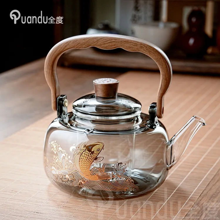 耐热玻璃煮茶壶木纹把煮茶器家用办公围炉煮茶功夫茶具明火加热