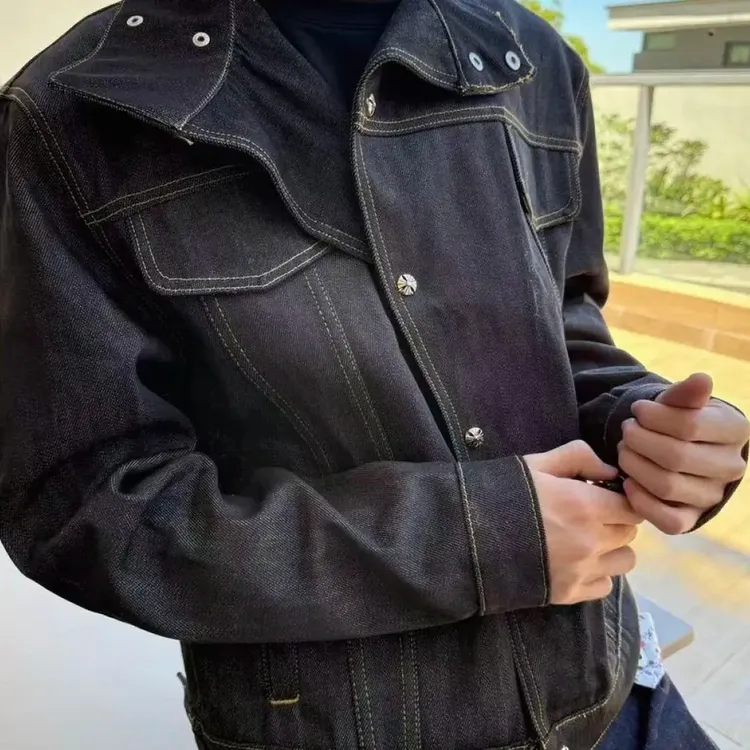 2025秋冬新款美式经典男女同款斜门襟设计牛仔夹克立领外套时尚