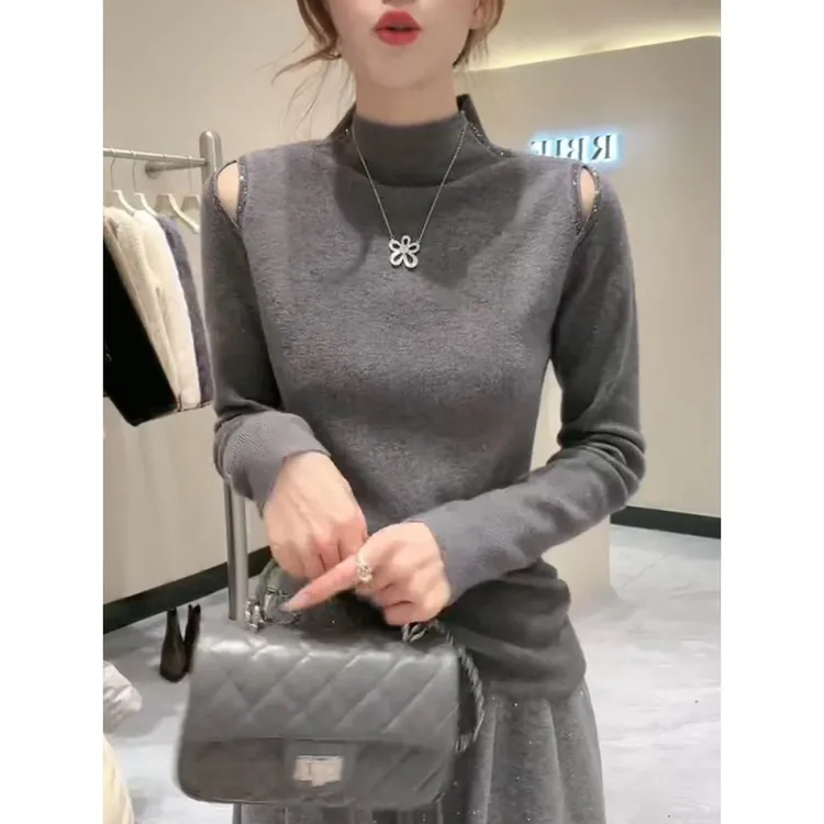 高级感减龄露肩长袖打底针织衫女秋冬新款修身气质正肩显瘦上衣