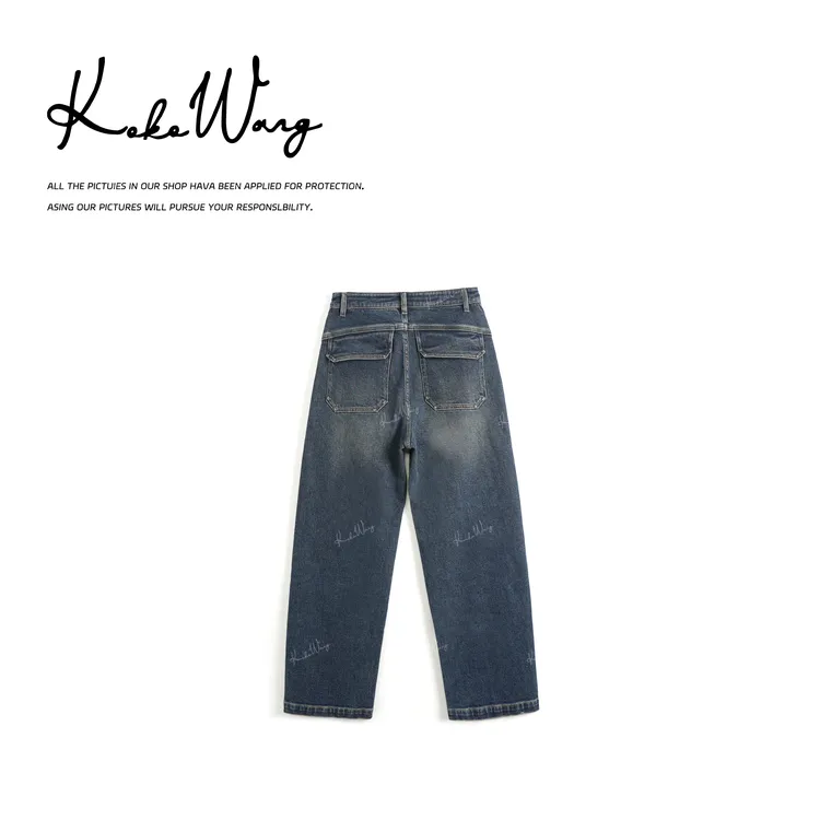 KOKO WANG秋冬复古洗水简约后工装口袋显瘦百搭牛仔裤N7345I28K01