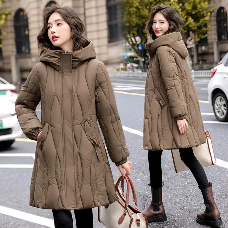 2025年冬季加厚棉服女连帽显瘦中长款时尚加厚保暖棉衣女外套