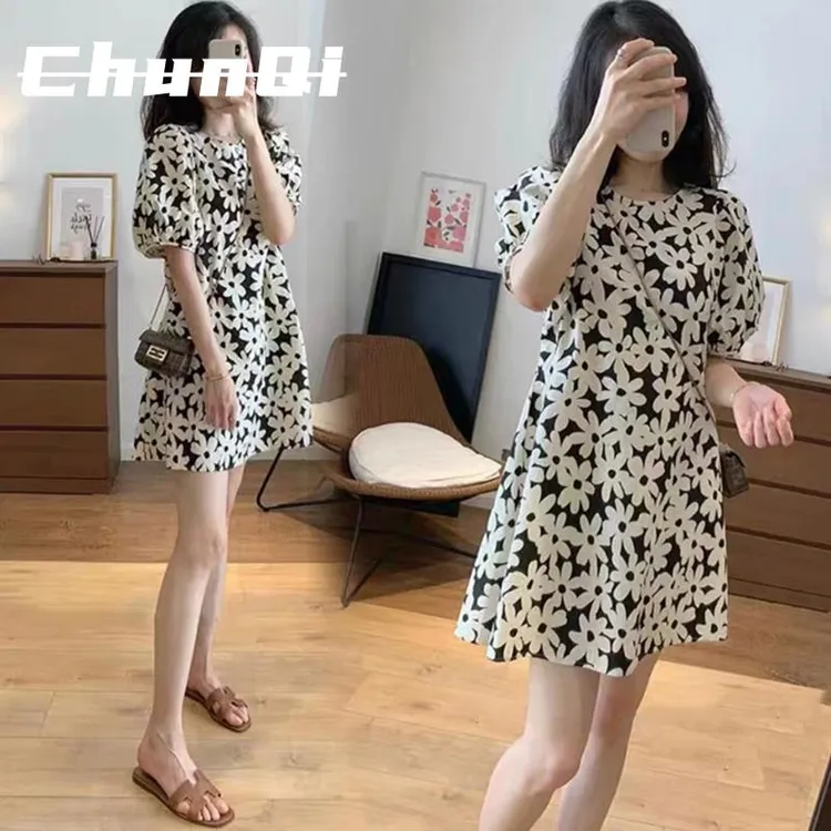 淳启大码女装夏新款微胖妹妹穿搭显瘦遮肉法式复古碎花连衣裙子潮