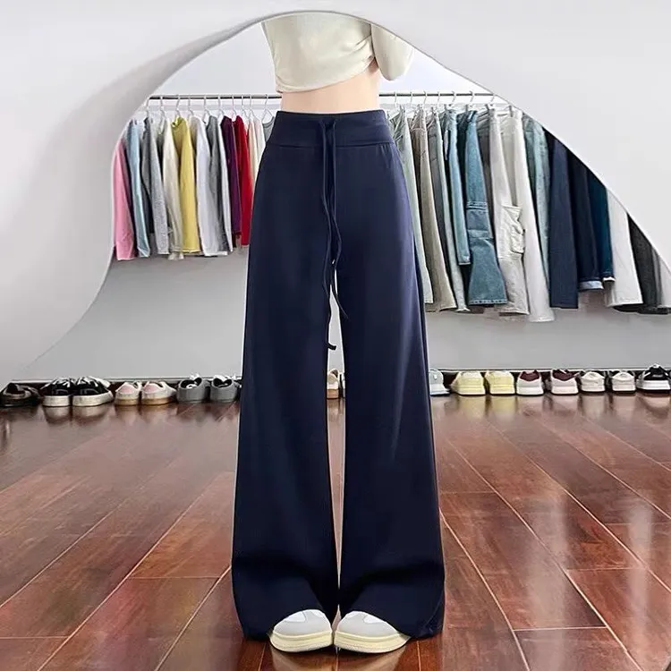垂坠感抽绳高腰显瘦阔腿休闲拖地长裤