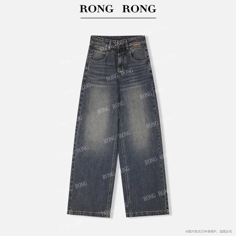 溶溶【丹宁韵蓝】RONGRONG 修饰比例复古水洗做旧直筒牛仔裤18009