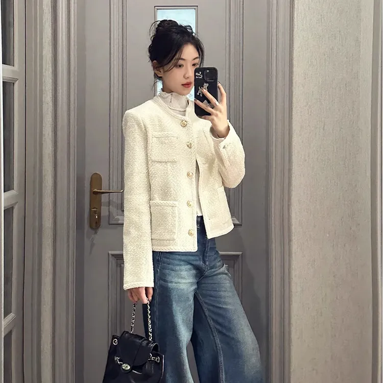 白色小香风外套女2025秋季新款粗花呢百搭小个子高级感千金风上衣